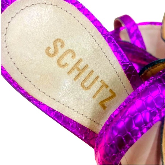 SCHUTZ Courtney High Couro Roxo Metallic Violet Embossed Sandals Shoes 7B - Picture 4 of 15